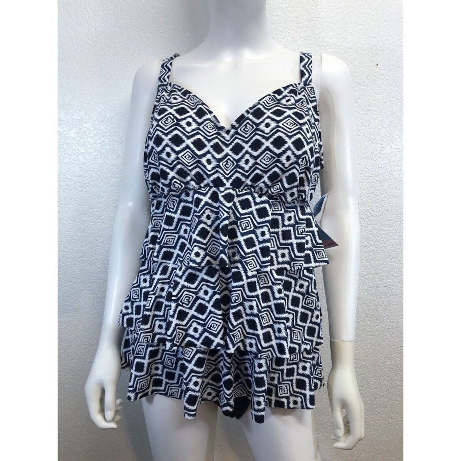 Nwt Women's Swim Solutions Aztec Print Tummy-Control Swimdress Blue Plus Sz 18w